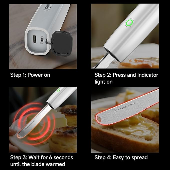 SEAINGO Heating Butter Knife Spreader - Rechargeable, Electric, Cordless, Heats up in 6 Seconds, Nonstick Stainless Steel Blade, ON/OFF Safety Lock Switch, 2 Warming Mode Can Quickly Melt Cold Hard Butter, Coconut Oil, Cheese, Cream, Jam, Mustard, for ...