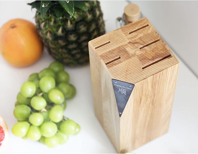 YOUSUNLONG Knife Block Sets - 5 Piece Chef Knife Set - Japanese AUS8 Steel Black Titanium - Natural Fraxinus Americana Wood Knife Holder - Canadian Maple Wood Handle - With Gift Box