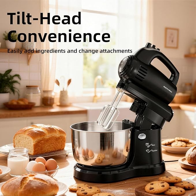 Stand Mixer Hand Mixer Kitchen Electric - 2-IN-1 3.2 QT Auto-Rotating Bowl & Beater Tilt-Head Small Standing Mixer, 250 Watt 5-Speed with Turbo Boost Household Mixer with Beaters & Dough Hooks