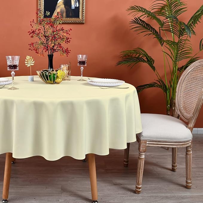 MEANMOY Ivory 210 GSM Water & Stain Resistant Round Tablecloth for Circle Table - Solid 90 Inch Table Cloth Cover in Wrinkle Free Durable Washable Polyester Fabric for Wedding, Party, Banquet