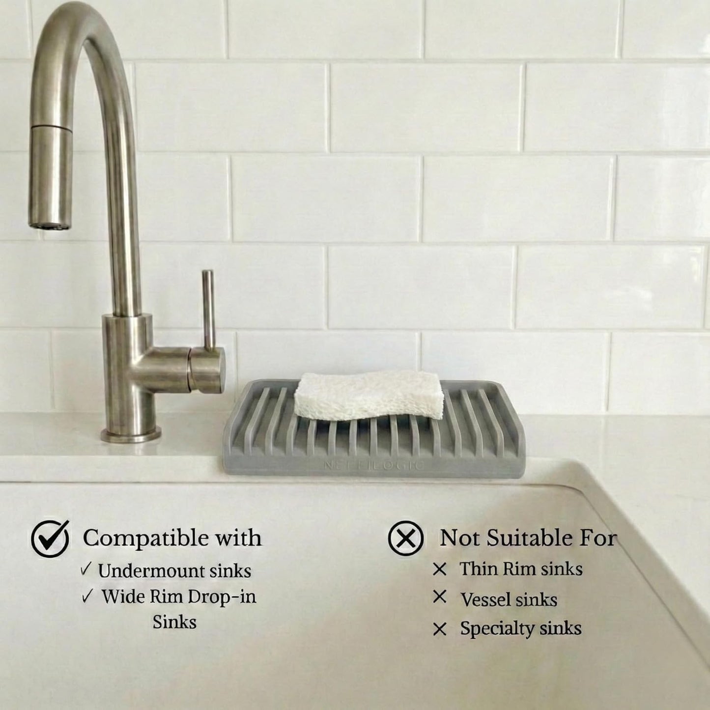 Effilogic Silicone Sponge Holder – Self-Draining Sink Organizer- Faucet Mat for Kitchen - Countertop Protector - Large Grey