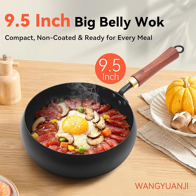 WANGYUANJI 9.5" Carbon Steel Wok - [Heavy-Duty & Thickened Base] - Deep Bowl Stir Fry Pan for Induction, Electric & Gas - Warp-Resistant, Splatter-Free Design with Lid (1-2 Person)