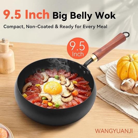 WANGYUANJI 9.5" Carbon Steel Wok - [Heavy-Duty & Thickened Base] - Deep Bowl Stir Fry Pan for Induction, Electric & Gas - Warp-Resistant, Splatter-Free Design with Lid (1-2 Person)