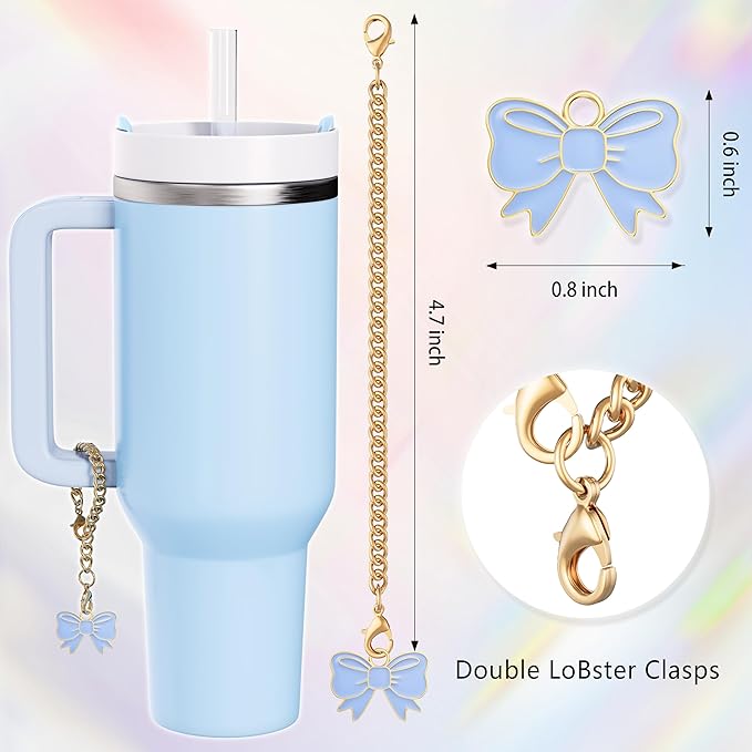Compatible with Stanley Cup Accessories - 3Pcs 10mm Bow Straw Topper Compatible with Stanley Cup Straw Cover Cap, 2pcs Blue Bow Charms for 30&40 Oz Tumbler with Handle