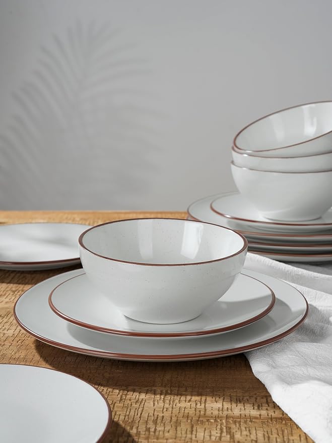 Famiware Venus Dinnerware Sets, 12 Piece Dish Set, Plates and Bowls Sets for 4, White