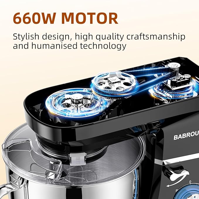 Babroun Dough Mixer 8.45 QT Electric Mixer - 660W 6 Speed Large Capacity Kitchen Stand Mixer with Whisk Dough Hook Mixing Beater Household Food Mixer for Baking Cakes Cookie Bread Salad