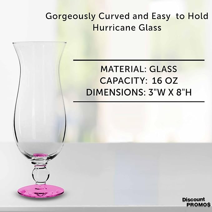 DISCOUNT PROMOS Libbey Hurricane Glasses 16 oz. Set of 12, Bulk Pack - Branded Drinkware for Cocktail, Pina Colada or Mudslide - Pink