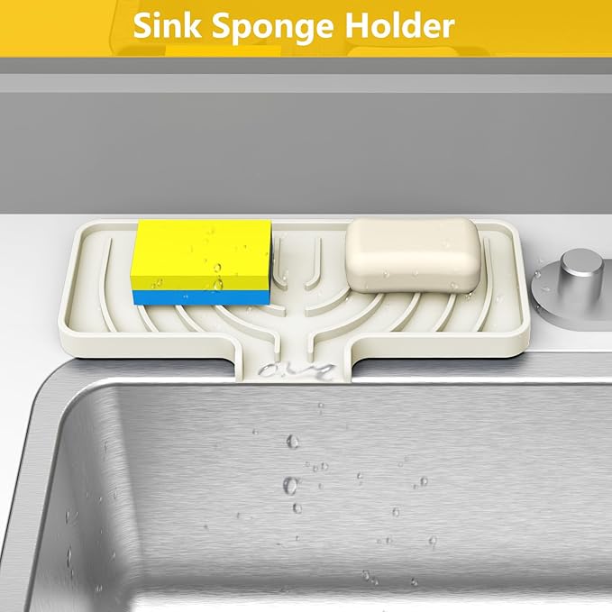 Sponge Holder for Kitchen Sink, Soap Tray for Sink & Counter, 9.8"×4.9" Soap Dish Mat, Silicone with Drain, Perfect for Dispenser, Scrubber, Bottle, Cup (Cream)