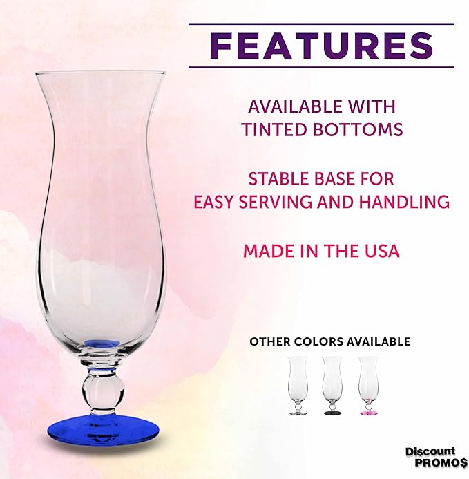 DISCOUNT PROMOS Libbey Hurricane Glasses 16 oz. Set of 12, Bulk Pack - Branded Drinkware for Cocktail, Pina Colada or Mudslide - Blue