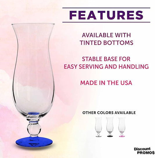 DISCOUNT PROMOS Libbey Hurricane Glasses 16 oz. Set of 12, Bulk Pack - Branded Drinkware for Cocktail, Pina Colada or Mudslide - Blue