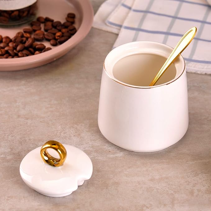 WHJY Ceramic Sugar Bowl with Lid and Spoon, Simple White Clear Porcelain Salt Bowl Salt Container, Modern Spice Box Seasoning Jar for Home and Kitchen Coffee Bar - Green