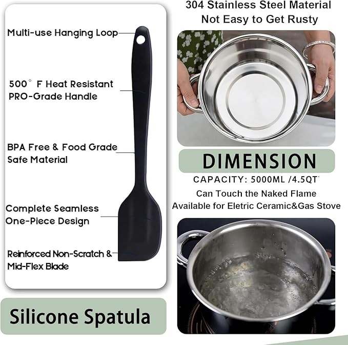 Large Double Boiler Pot Set,3500ML/3.1QT Mixing Bowl for Chocolate Melting, 5000ML/ 4.5QT 304 Stainless Steel Pot With Silicone Spatula for Melting Chocolate, Candy, Candle, Soap, Wax
