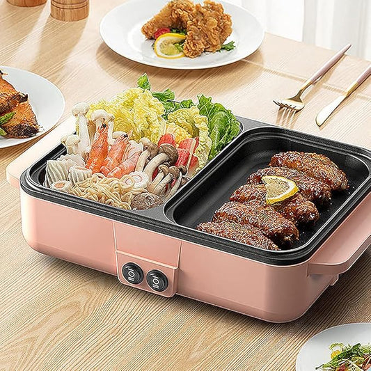 Electric Grill Hot Pot 2 in 1,Mini Electric Hot Pot BBQ Grill Kitchen Smokeless Shabu Cooking Pan 1200W,Multifunctional Grill Pan Indoor for Korean BBQ, Steaks, Shabu Shabu and Noodles (Pink)