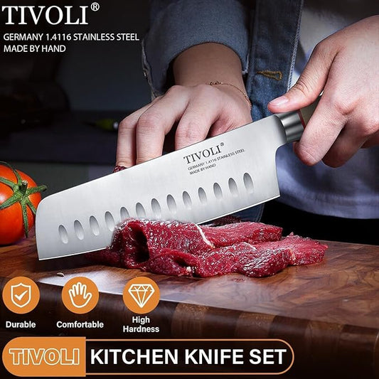 TIVOLI 3 PCS Kitchen Knife Set, High Carbon Stainless Steel Cutlery Knife Set, Ergonomic Wood Handle, Professional Chef Knife Set Gifts For Cooks, Beige