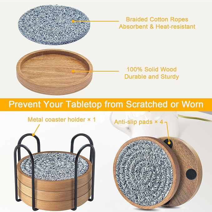 Coasters for Drinks Absorbent Sets of 5, Eykao Woven Coasters with Holder, Housewarming Gift for Farmhouse Home Decor, 4 inches (Mixed Blue)