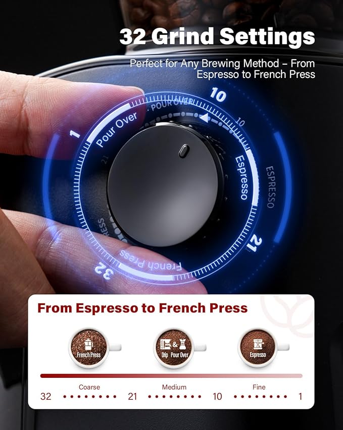 SHARDOR Burr Coffee Grinder Electric with 32 Grinding Sizes 3.0, Coffee Grinders for Home Use with 40 Seconds Adjustable Electronic Timer, Coffee Bean Grinder with Chamber Cleaning Button