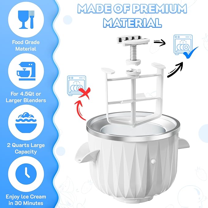 Ice Cream Maker Attachment for KitchenAid Stand Mixers, 2 Quart Ice Cream & Sorbet Gelato Maker Attachment - Fits 4.5QT and Larger KitchenAid Stand Mixers by GVODE