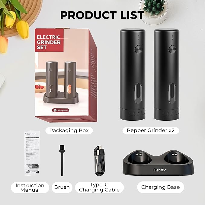 Upgraded Larger Capacity 110ml Electric Salt and Pepper Grinder Set, Rechargeable Automatic Salt and Pepper Shakers with LED light,Kitchen Appliances with External 6 Adjustable Coarseness
