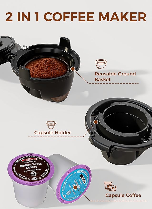 Kndko Single Serve Coffee Maker for K Cups and Ground Coffee, Capsule Coffee Machine, 6 to 14oz Brew Sizes, 40oz Removable Reservoir, Fast Brew, Compact Design, Travel Mug Friendly, Black