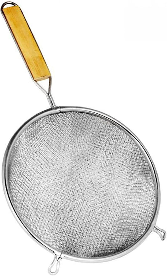 TrueCraftware- 8-Inch Double Medium Tin Mesh Strainer 6" Handle Length Wooden Handle- Kitchen Utensil Food Strainer Skimmer Spoon for Cooking Sieve Sifters Rice Quinoa Pasta Fruits Vegetable