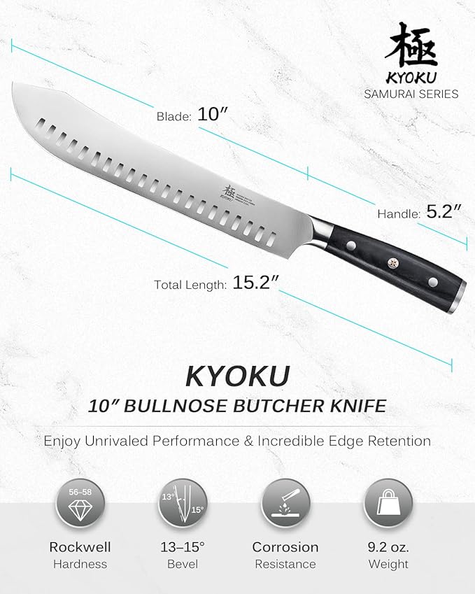 KYOKU 10" Bullnose Butcher Knife, Samurai Series Butcher Knife for Meat Cutting Chopping with Pakkawood Handle, Japanese Style High Carbon Steel Kitchen Knife for Professional Chef with Sheath & Case
