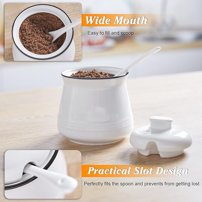 Sugar Bowl with Lid and Spoon, 12 oz Ceramic Sugar Bowl with Spoon, Sugar Container for Coffee Bar, Sugar Jar Sugar Dispenser Bowl, Modern Kitchen Decor, White