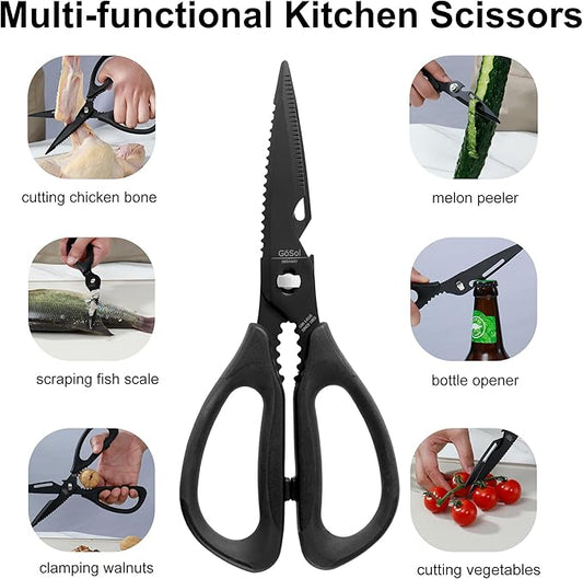 Kitchen Shears Kitchen Scissors Come Apart with Serrated Blade Premium Black Titanium Plated Stainless Steel Kitch Scissors for Food Heavy Duty Chicken Bone Nutcracker Bottle Can Opener 01A
