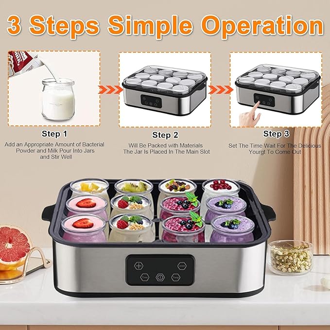 Automatic Yogurt Maker 2160ml Digital Yogurt Maker Machine with 12 Jars Adjustable Temperature 48H Time Control for Fresh Homemade Yogurt Dessert, Led Display Multi-Function Electric Yogurt Machine