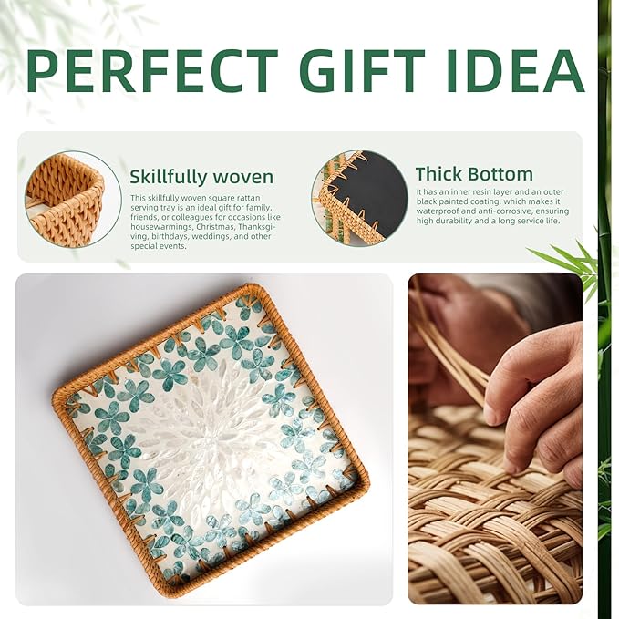 1 pcs Rectangle Rattan Serving Tray with Mother of Pearl Inlay, Decorative Wicker Tray for Coffee, Bread, Fruits, Elegant Table Decor for Living Room & Dining Room