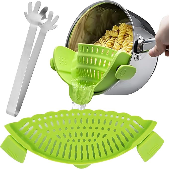 LOGJAM 1 Set Silicone Clip-on Strainer for Pots and Stainless Steel Food Tong, Heat Resistant Pasta Strainer and Tongs for Kitchen