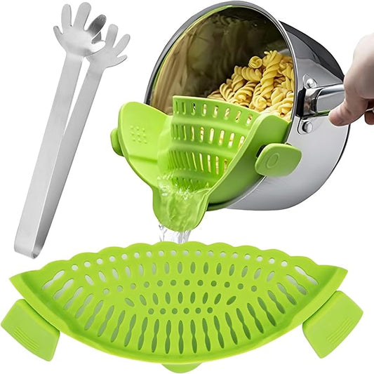 LOGJAM 1 Set Silicone Clip-on Strainer for Pots and Stainless Steel Food Tong, Heat Resistant Pasta Strainer and Tongs for Kitchen