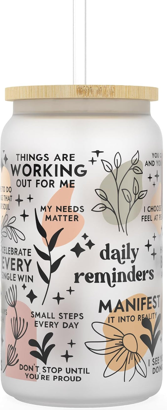 Daily Affirmation Iced Coffee Cup [Frosted], 16 oz Glass Cups with Bamboo Lids and Straws |Mason Jar Drinking & Glass Tumbler with Straw and Lid | Boba Cup, Beer Can for Mental Health