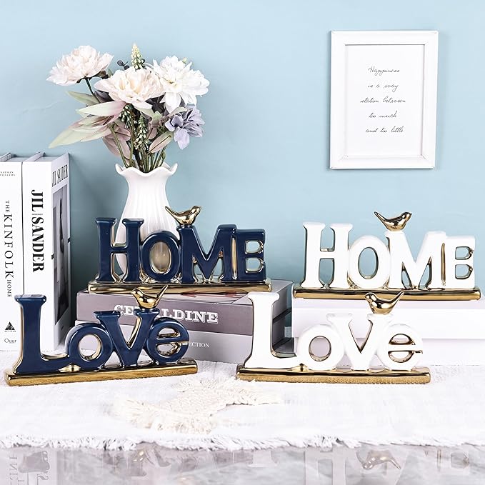 Love Sign Decor,White and Gold Room Decor Aesthetic, Knick Knack Shelf,Gold Bird Decor, Boho Bookshelf ,Abstract Gold Statue ,For Living Room,Bedroom, Contemporary Tv Stand set of 2 (2, White)