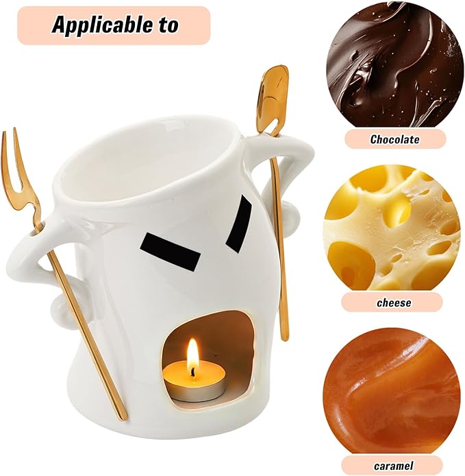 Ceramic Fondue Mug with Spork, Microwave Safe Personal Melting Cup for Chocolate & Cheese Dipping, Ideal Mini Fondue Set