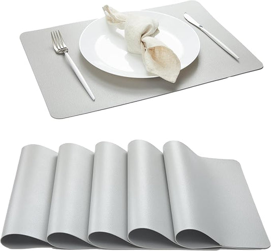 DOLOPL Faux Leather Placemats Set of 6, Wipeable Heat Resistant Table mats - Anti Slip Table Place Mats, Modern Washable Outdoor Placemats for Kitchen Dining Room Table Decorations, Light Gray