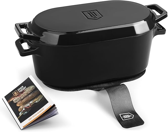 KooK Dutch Oven, For Sourdough Baking, Dual Handles, Enameled Cast Iron, includes Silicone Mat and Sourdough Guide, Dishwasher Safe, 5 Qt, (Black)