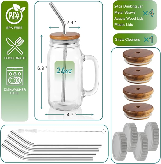 DRASTAR 24oz Iced Coffee Cups Set of 4, Mason Jar Cups, Glass Cups with Lids and Straws, Mason Jars with Handles, Mason Jar Drinking Glasses