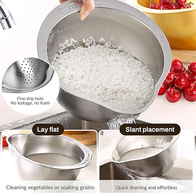 Stainless Steel Rice Strainer Bowl With Side Drainers，Rice Strainer Fine Mesh，Fine Strainers for Quinoa for Cleaning Fruits Vegetables Beans，Versatile Kitchen Tool，10.55" x 5.31" (Silver)