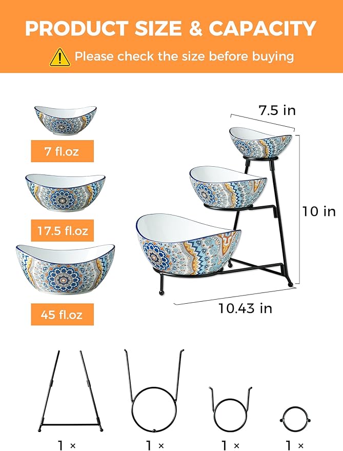 YHOSSEUN 3 Tier Serving Bowls, Serving Dishes for Entertaining Porcelain Serving Trays and Platters Tiered Bowl Set with Collapsible Thicker Sturdier Metal Rack