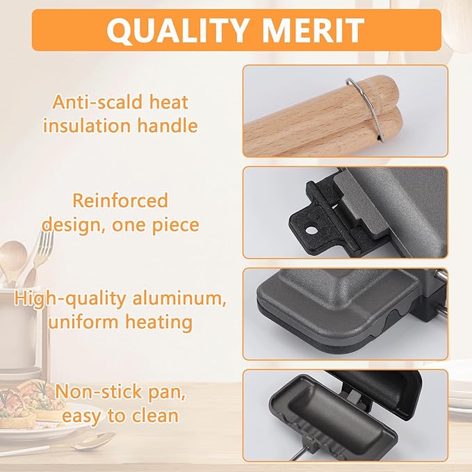 Double-Sided Stove Top Sandwich Baking Pan,Hot Dog Toaster,Nonstick Sandwich Maker Kitchen Pie Iron Press Sandwich Maker for Breakfast Pancakes Omelets Frittatas Toast