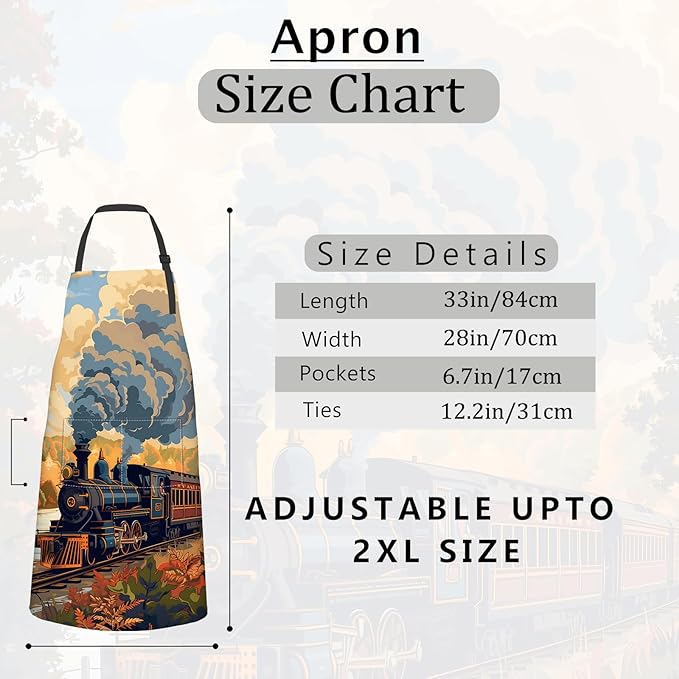 Vintage Train Apron Retro Steam Engine in Autumn Landscape Aprons Waterproof Oxford Polyester Adjustable Pockets Design for Cooking Decor, Gifts for Travel Enthusiasts Railway, 28x33 Inch