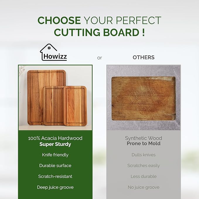 Howizz Acacia Wood Cutting Board, Set Of 3 Edge Grain Solid Wood Butcher Block For Kitchen Meal Prep & Serving, Chopping Boards Deep Juice Groove & Built-In Handles, Gift for Home, Gift-Ready Box