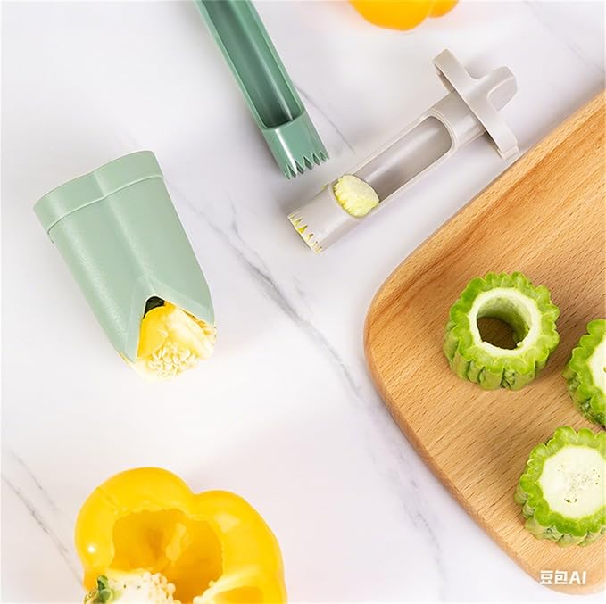Pepper Corer, 2 in 1 Red Bell Pepper Seed Corer Remover Tool, Fruit & Vegetable Corers Quick Cave Tools for Jalapeno Cutter Deseeder, Green, 3 PCS