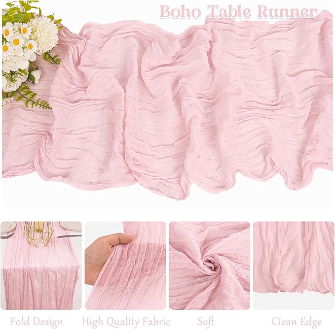 10 Pack Light Pink Cheesecloth Table Runner 10FT Boho Gauze Fabric Table Runner Vintage Rustic Sheer Runners for Wedding Party Bridal Baby Shower Long Table Decorations