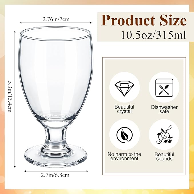 Patelai Set of 6 Clear Glasses 10.5 oz Water Goblet Glass Stemmed Water Glasses for Juice Wine Beer Tea Milk Cold Beverages Drinks Dishwasher Safe