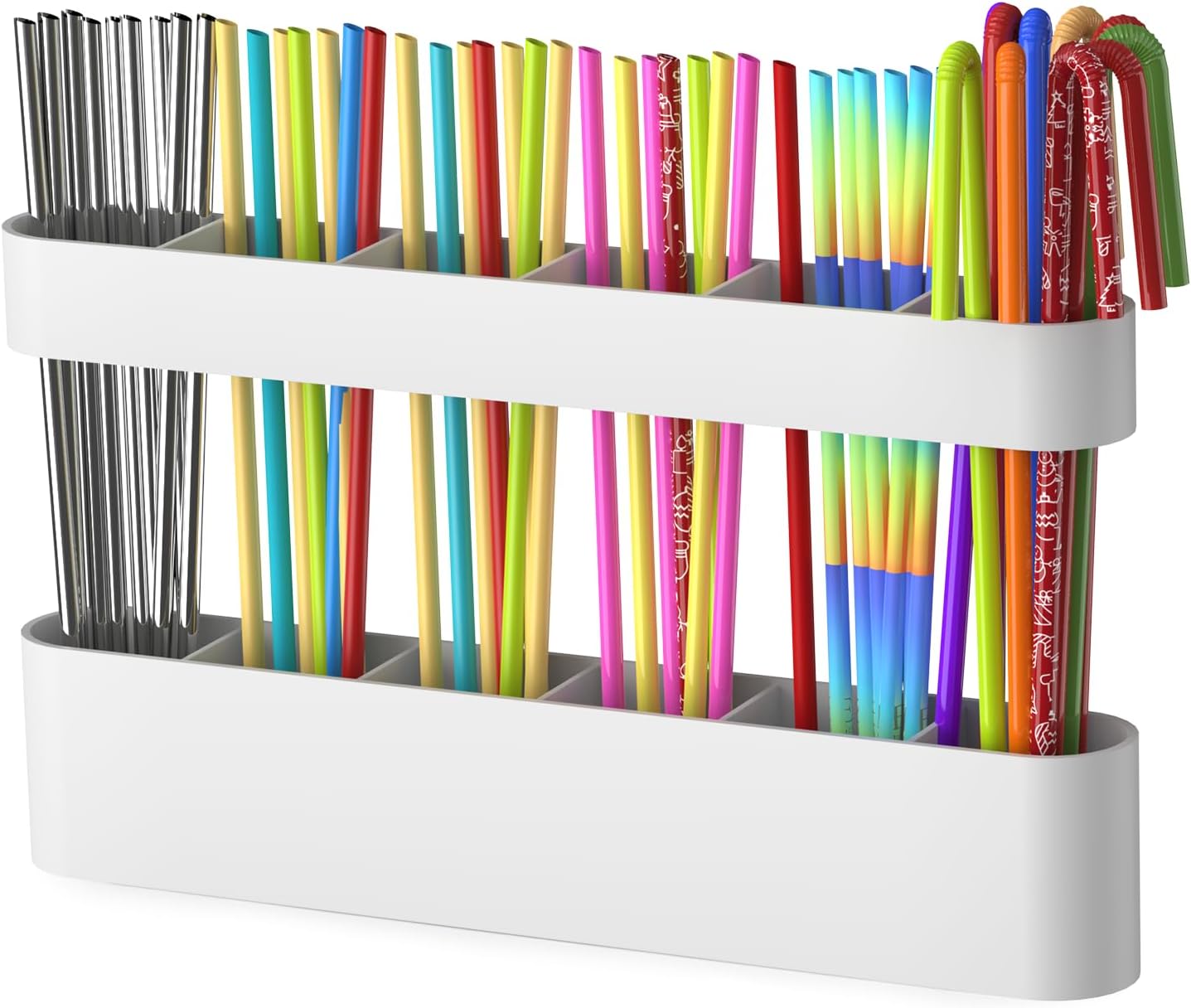 Juome Straw Holder for Cabinet, Silicone Straw Organizer with Double Sided Adhesive Tape, Reusable Tumbler Straws Storage Dispenser for Kitchen Counter Cupboard Door (White)