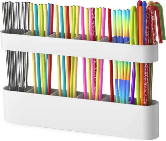Juome Straw Holder for Cabinet, Silicone Straw Organizer with Double Sided Adhesive Tape, Reusable Tumbler Straws Storage Dispenser for Kitchen Counter Cupboard Door (White)