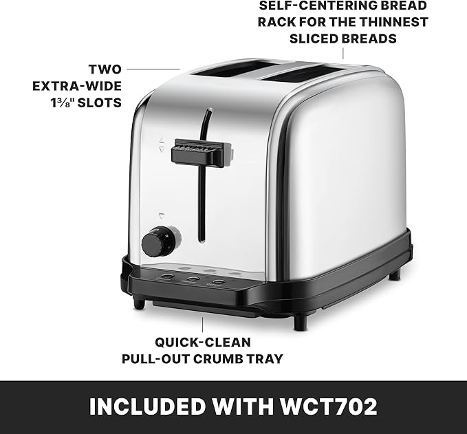 Waring Commercial WCT702 2-Slice Commercial Light Duty Pop-Up Toaster, 120V, 5-15 Phase Plug, Silver, 2-Compartment