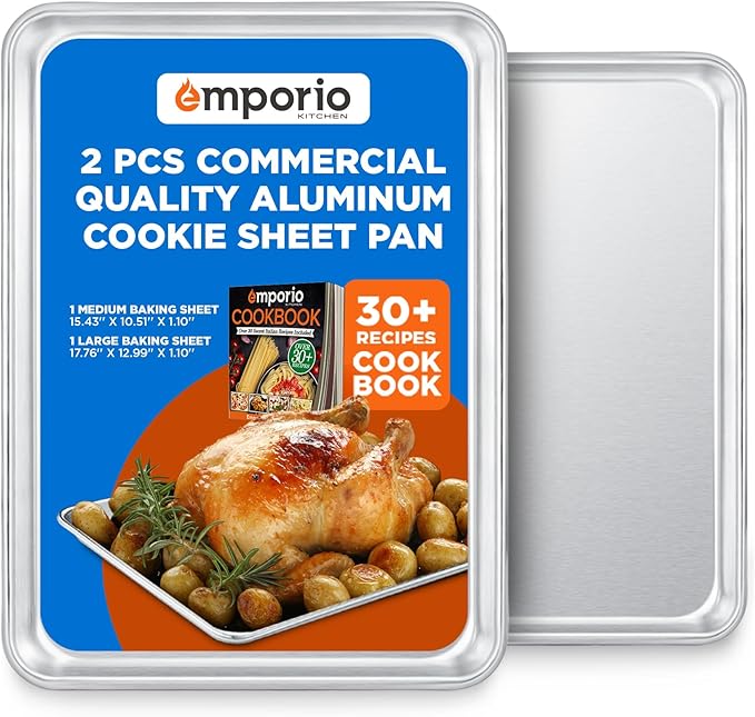 Baking Pan Set - Medium and Large Aluminum Cookie Sheet Pan (10.5" x 15" and 13" x 18"), PFOA, PFOS, PTFE Free, Recipe Booklet Included, Oven Safe, Resist Heat Up To 500° F, Set of 2