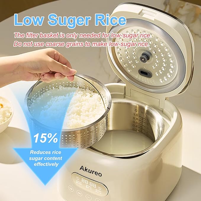 Akureo 5 cup 2.5L Low Suger Rice Cooker with 304 Stainless Steel inner pot, healthy for 2-3-person households, Office workers & low carb dieters, exercisers and the elderly